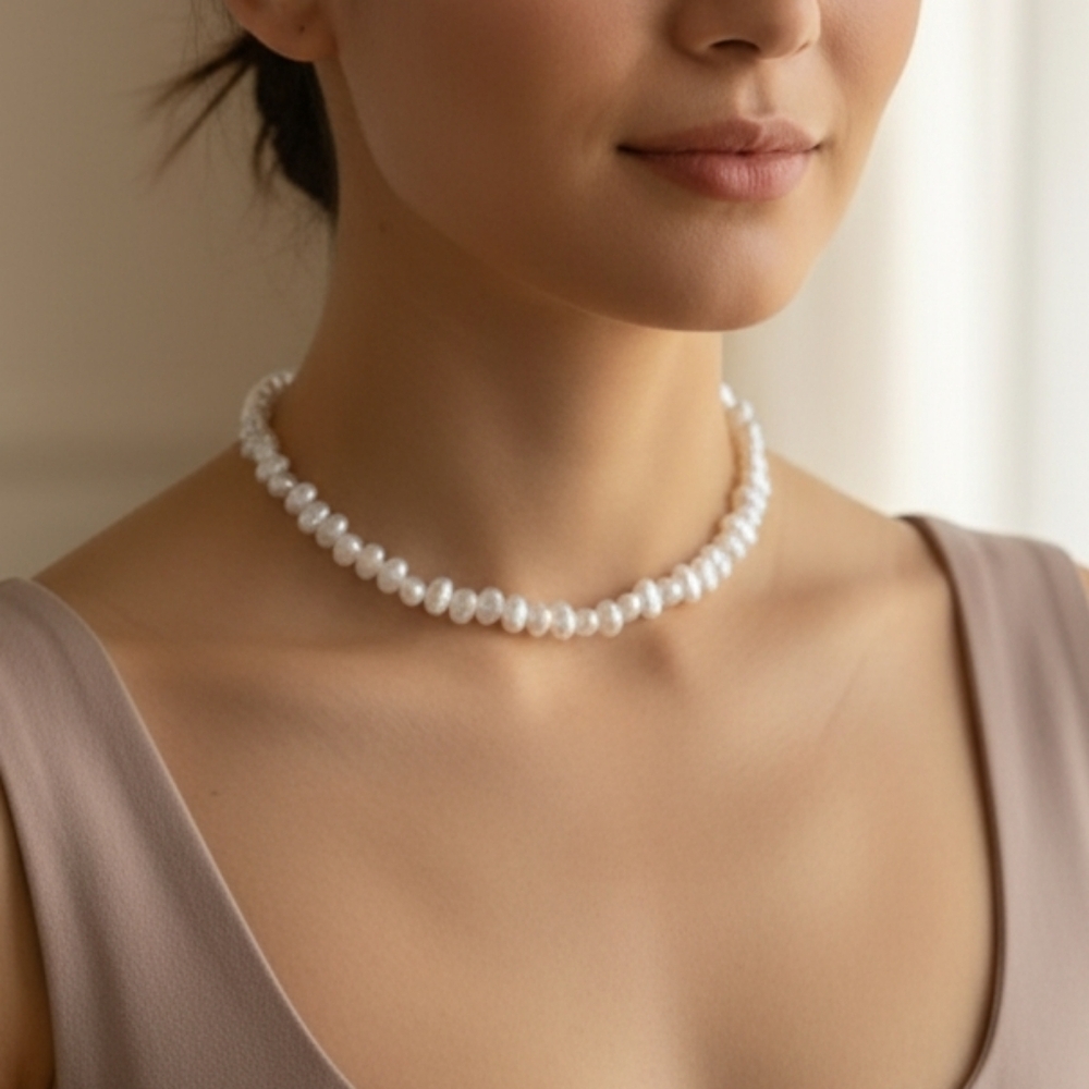 Elegant Imitation Pearls Choker Necklace With Gold Tones New